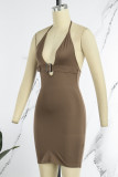 Khaki Sexy Solid Backless Spaghetti Strap Sleeveless Dress Dresses
