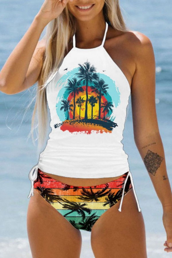 White Sexy Print Bandage Backless Swimwears (With Paddings)