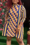Yellow Casual Plaid Print Patchwork Turtleneck Straight Dresses