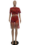 Red Casual Street Print Tassel O Neck Short Sleeve Two Pieces