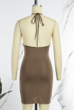 Khaki Sexy Solid Backless Spaghetti Strap Sleeveless Dress Dresses