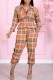 Orange Casual Plaid Print Patchwork Turndown Collar Regular Jumpsuits (Subject To The Actual Object)