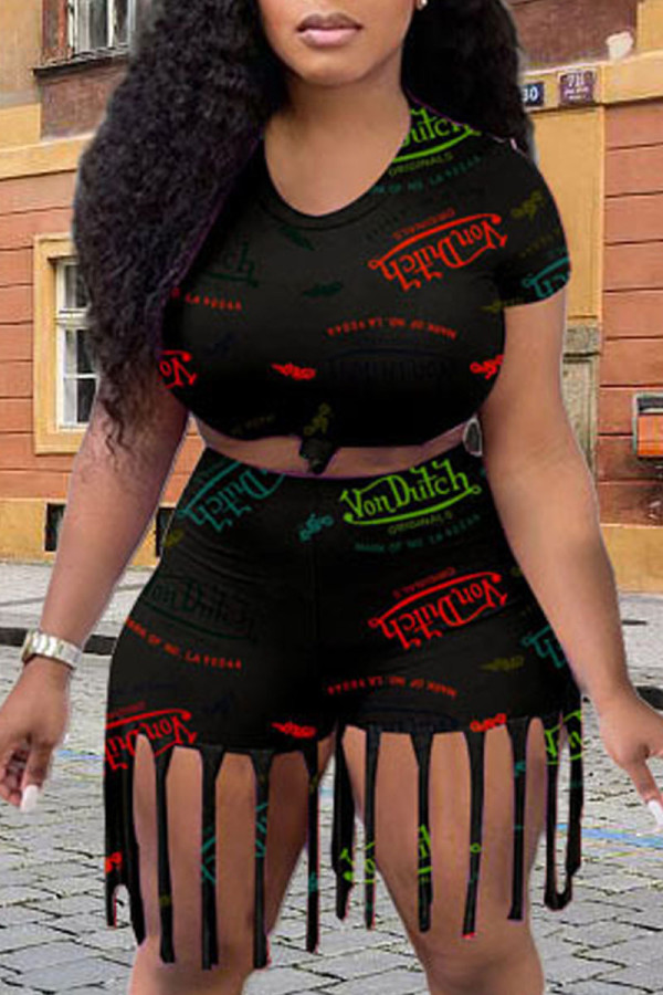 Black Casual Street Print Tassel O Neck Short Sleeve Two Pieces