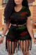 Black Casual Street Print Tassel O Neck Short Sleeve Two Pieces