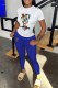 Blue Casual Print Letter O Neck Short Sleeve Two Pieces