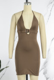 Khaki Sexy Solid Backless Spaghetti Strap Sleeveless Dress Dresses
