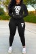 Black Casual Print Letter Hooded Collar Long Sleeve Two Pieces