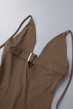 Khaki Sexy Solid Backless Spaghetti Strap Sleeveless Dress Dresses