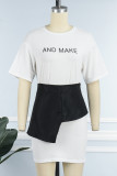 White Street Print Patchwork Asymmetrical O Neck Short Sleeve Two Pieces