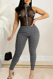 Red Casual Work Print Patchwork Buttons See-through O Neck Sleeveless Two Pieces
