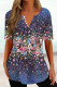 Tibetan Blue Casual Print Basic V Neck T-Shirts