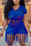 Red Casual Street Print Tassel O Neck Short Sleeve Two Pieces