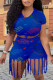 Royal Blue Casual Street Print Tassel O Neck Short Sleeve Two Pieces