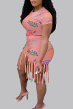 Red Casual Street Print Tassel O Neck Short Sleeve Two Pieces