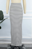 Black White Casual Striped Print Basic Skinny High Waist Conventional Full Print Skirt