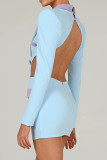 Blue Sexy Casual Celebrities Color Lump Hollowed Out Buttons Contrast Turn-back Collar One Step Skirt Dresses