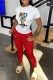 Red Casual Print Letter O Neck Short Sleeve Two Pieces