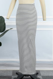 Black White Casual Striped Print Basic Skinny High Waist Conventional Full Print Skirt