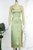 Green Sexy Solid Backless Slit Spaghetti Strap Long Dress Dresses