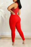 Red Casual Work Print Patchwork Buttons See-through O Neck Sleeveless Two Pieces
