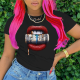 Black Casual Street Lips Printed Patchwork O Neck T-Shirts