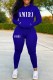 Blue Casual Print Letter Hooded Collar Long Sleeve Two Pieces