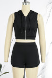 Black Casual Solid Basic Hooded Collar Sleeveless Two Pieces