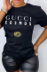 Black Casual Print Patchwork Letter O Neck T-Shirts
