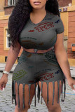 Red Casual Street Print Tassel O Neck Short Sleeve Two Pieces