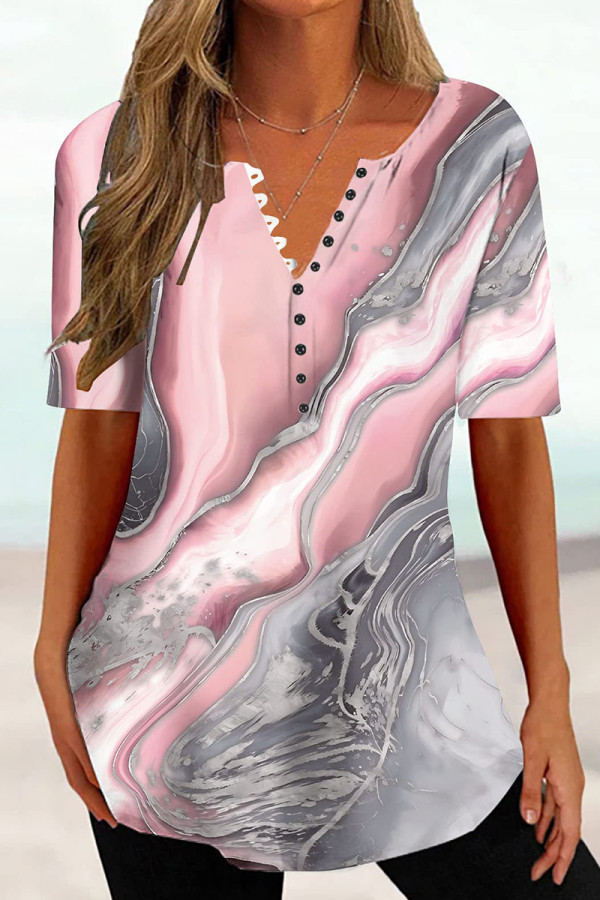 Light Pink Casual Print Basic V Neck T-Shirts