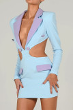 Blue Sexy Casual Celebrities Color Lump Hollowed Out Buttons Contrast Turn-back Collar One Step Skirt Dresses