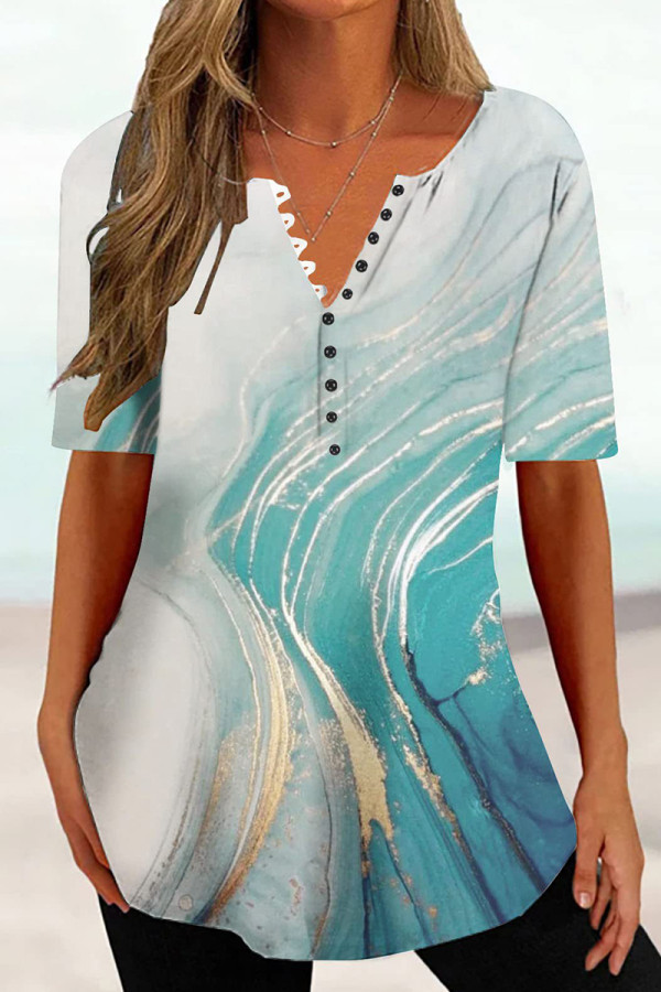 Cyan Casual Print Basic V Neck T-Shirts