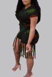 Red Casual Street Print Tassel O Neck Short Sleeve Two Pieces