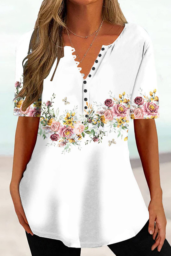 White Pink Casual Print Basic V Neck T-Shirts