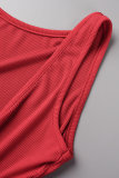 Red Casual Sportswear Solid Basic V Neck Sleeveless Two Pieces