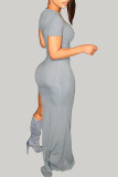 Grey Sexy Sweet Street Solid Patchwork Slit O Neck Short Sleeve Two Pieces