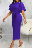 Blue Casual Work Solid Bandage Patchwork O Neck One Step Skirt Dresses