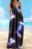 Powder Blue Casual Vacation Simplicity Print Pocket Spaghetti Strap Lantern Dress Dresses