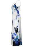 Powder Blue Casual Vacation Simplicity Print Pocket Spaghetti Strap Lantern Dress Dresses