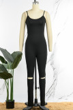Black Sexy Casual Solid Hollowed Out Backless Spaghetti Strap Skinny Jumpsuits