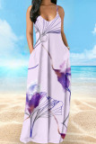 Powder Blue Casual Vacation Simplicity Print Pocket Spaghetti Strap Lantern Dress Dresses