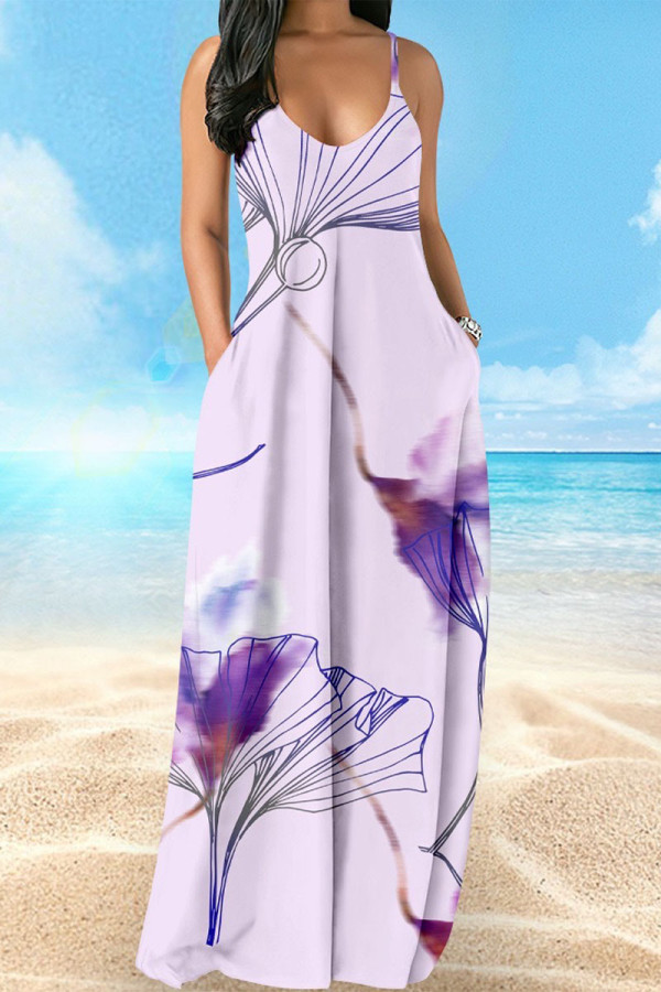 Light Purple Casual Vacation Simplicity Print Pocket Spaghetti Strap Lantern Dress Dresses