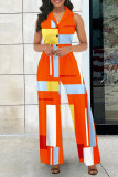 Green Casual Elegant Print V Neck Regular Jumpsuits