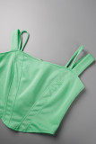 Green Sexy Solid Patchwork Fold Asymmetrical Spaghetti Strap Short Sleeve Two Pieces