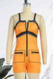 Blue Sexy Casual Patchwork Backless Contrast Spaghetti Strap Skinny Romper