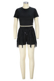 Yellow Casual Elegant Solid Tassel O Neck Two Pieces