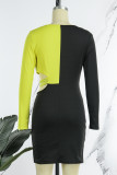 Yellow Sexy Patchwork Hot Drilling Hollowed Out Contrast Oblique Collar Long Sleeve Dresses