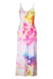 Powder Blue Casual Vacation Simplicity Print Pocket Spaghetti Strap Lantern Dress Dresses