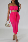 Rose Red Sexy Solid Patchwork Strapless Sleeveless Two Pieces