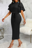Blue Casual Work Solid Bandage Patchwork O Neck One Step Skirt Dresses
